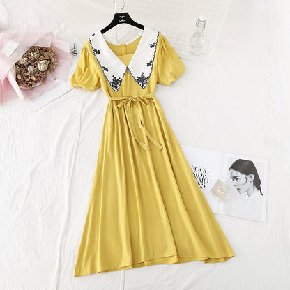 French retro waist closed to show thin temperament bubble sleeve skirt  4144