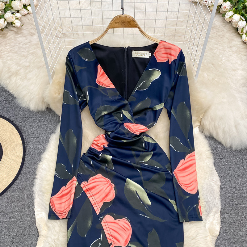 Sexy waist closing V-neck open hip wrap dress long sleeve  3787