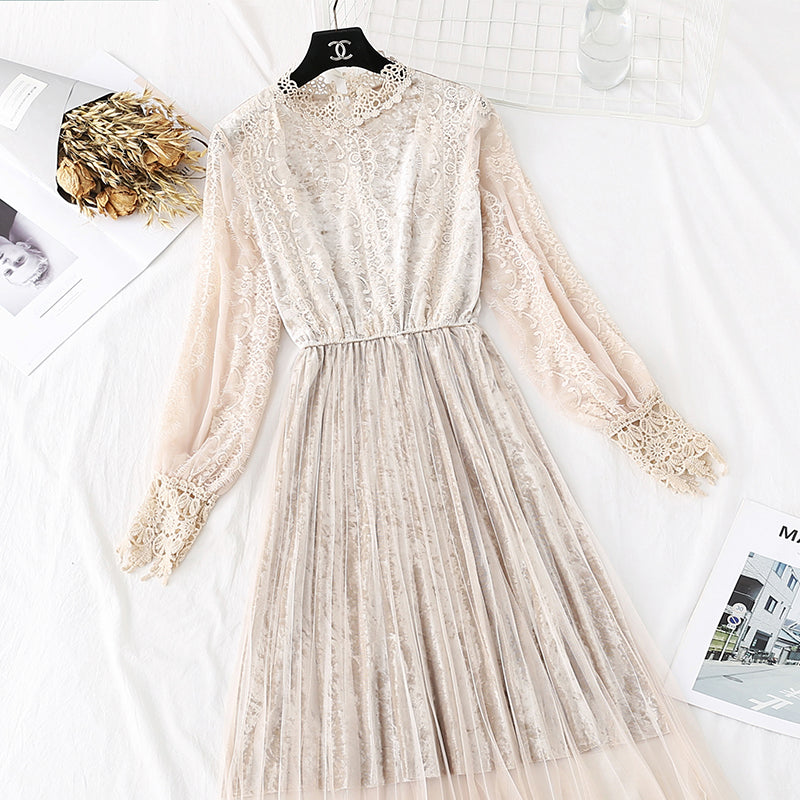 New lace pleated fairy gold velvet mesh dress  4483