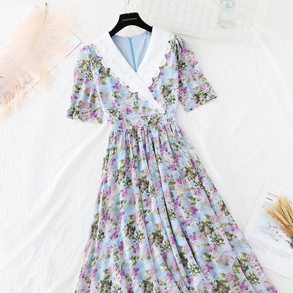 Irregular cross neck long cut-out waist closing thin Chiffon Dress  4687
