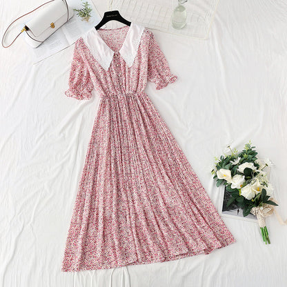 New doll neck Floral Chiffon pleated French retro fairy skirt  4880