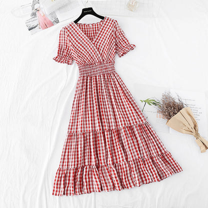 Ruffle Sleeve Plaid temperament dress goddess style thin dress  4206