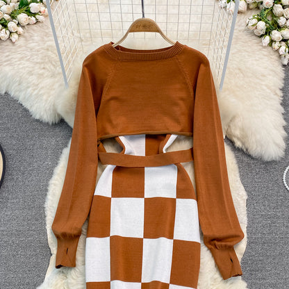 Pure suspender dress half Knitted Blouse two-piece set  3759