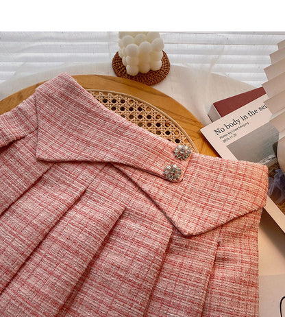 Korean version design shows thin high waist tweed A-shaped plaid skirt  5502