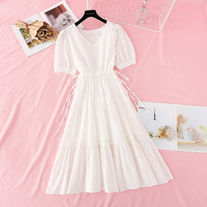 New hollow out Crochet skirt bubble sleeve French fairy dress  4168