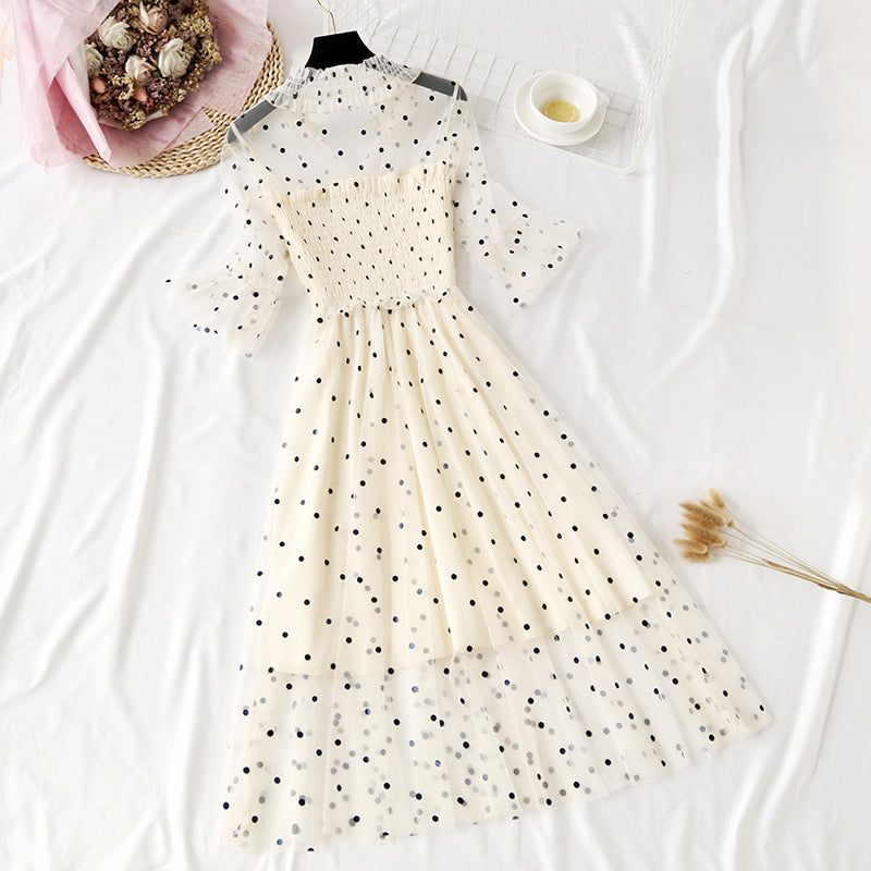 Small wave dot mesh dress retro long skirt over the knee  4465