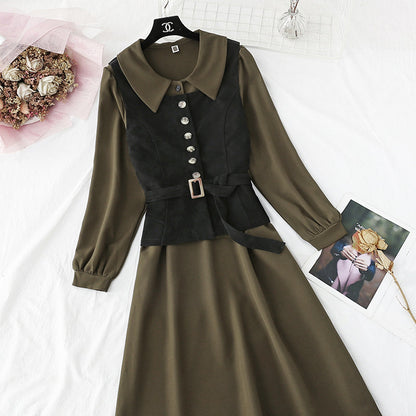 New Vest + French retro doll neck long sleeve bottomed skirt  3949