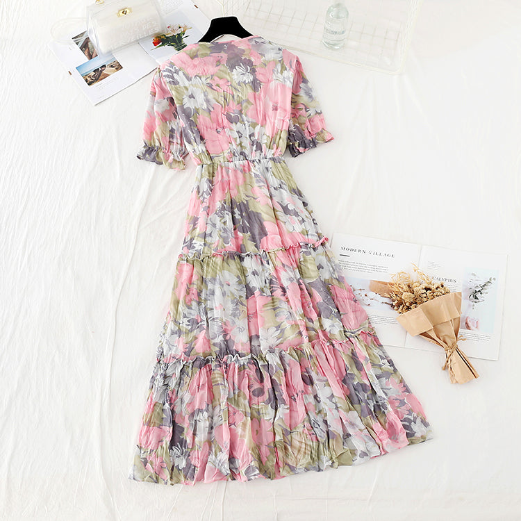 French long skirt pleated waist shows thin temperament Chiffon fairy skirt  4629