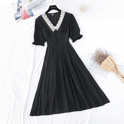 New super fairy bubble sleeve gentle wind high waist slim dress  4688