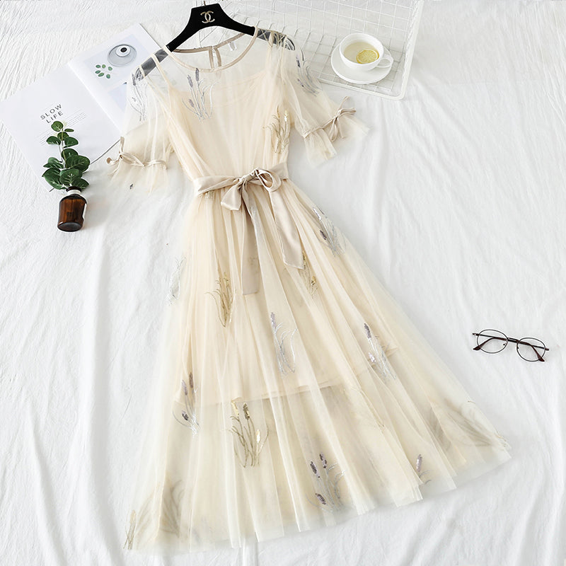Embroidered mesh dress national minority Platycodon skirt French retro skirt  4305