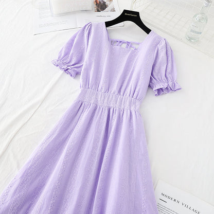 Cotton hemp hook embroidery French retro waist closing slim skirt  4202