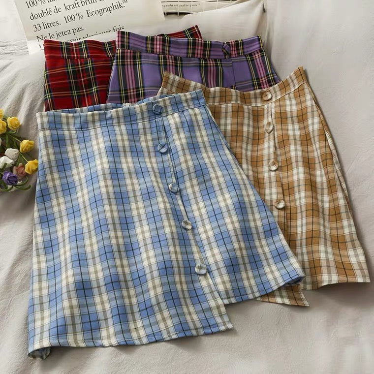 Literary, small and fresh, irregular breasted high waist A-line skirt, plaid skirt  3614