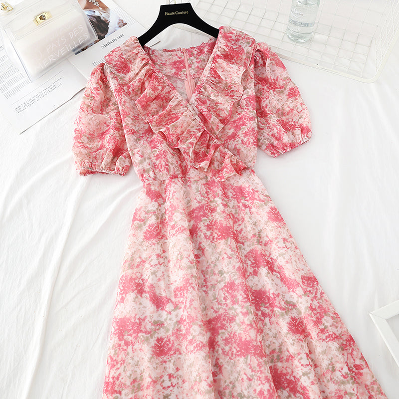 New style slim waist, gentle wind, broken Flower Chiffon French dress  4648