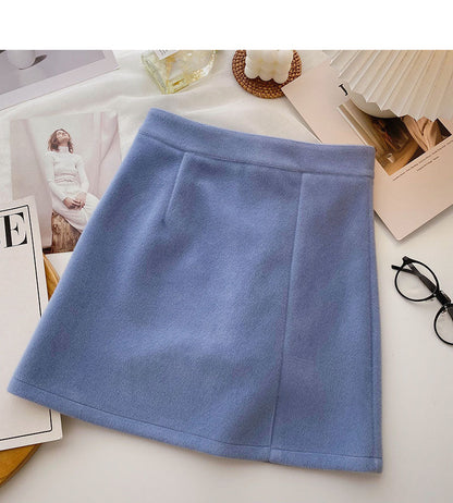 Woolen skirt sweet solid color high waist thin A-line skirt  5438
