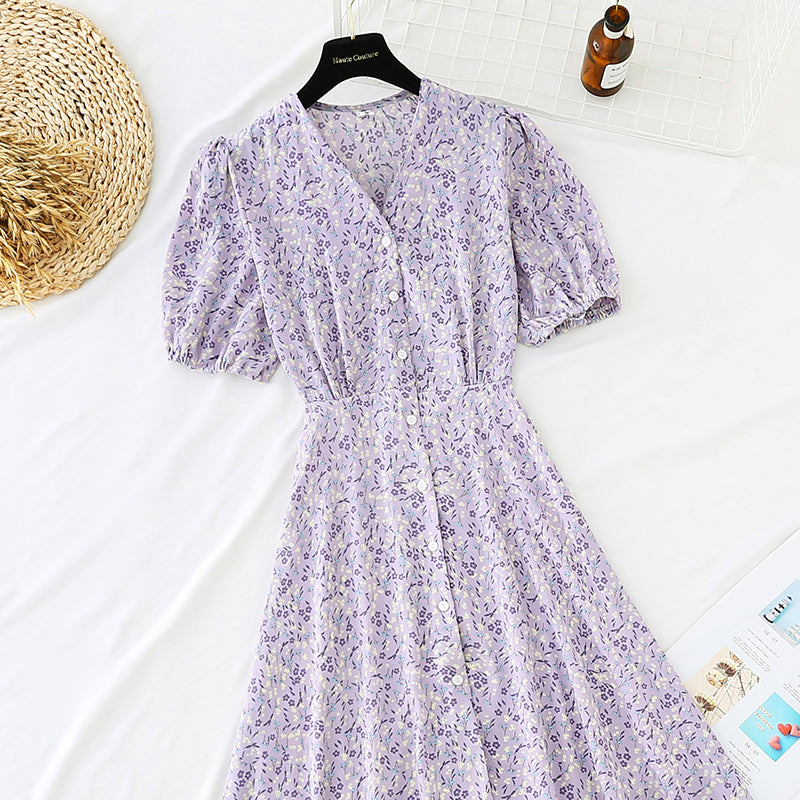 Small fresh floral dress with single waist and thin buttons 4664