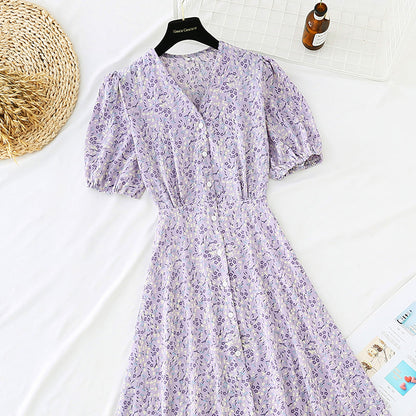 Small fresh floral dress with single waist and thin buttons 4664