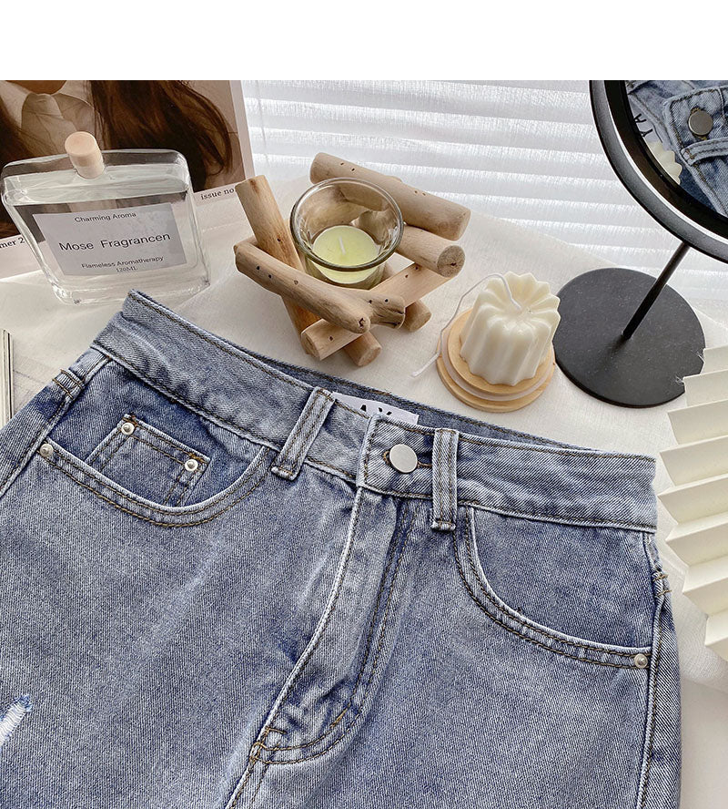 Denim bag hip short skirt personality hole high waist A-line skirt  5366