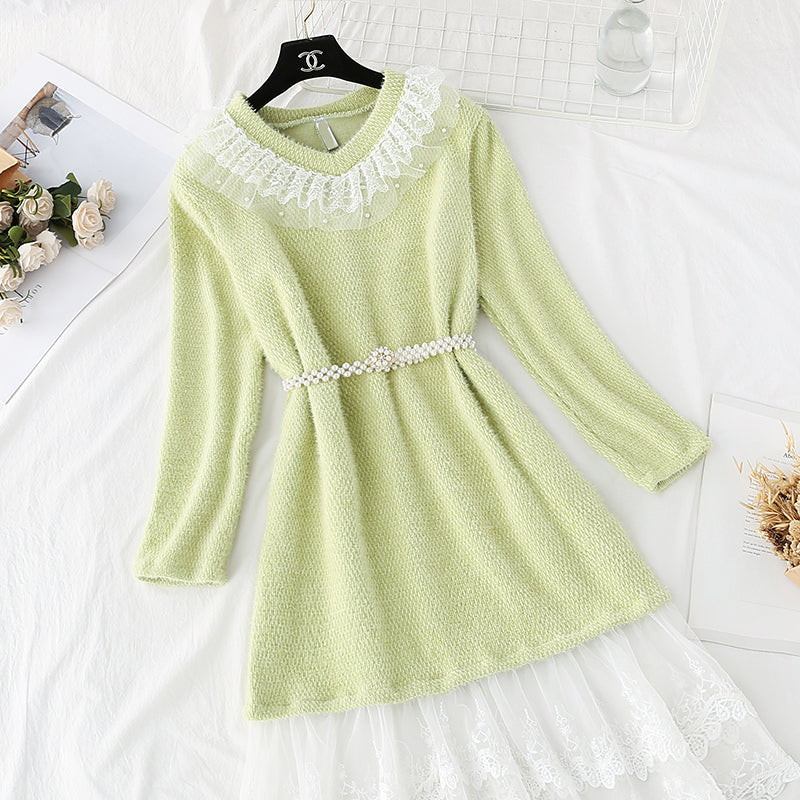Mink plush fur sweet Ruffle lace stitched bottomed skirt  3953