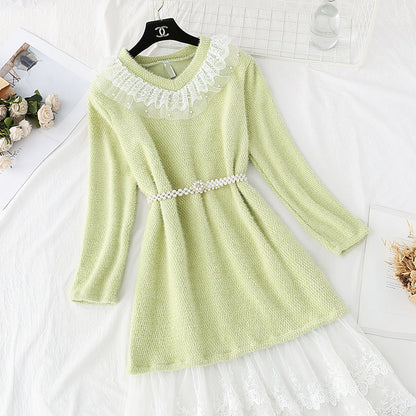 Mink plush fur sweet Ruffle lace stitched bottomed skirt  3953