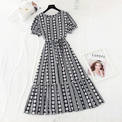 New dress Daisy stripe waist closing slim French minority dress  4645