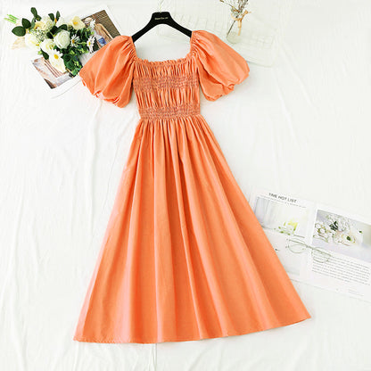 New French square neck off shoulder bubble sleeve cotton linen dress  4255