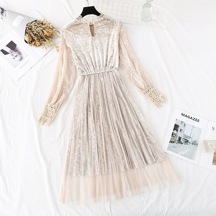 Golden velvet mesh dress lace pleated long skirt  4373