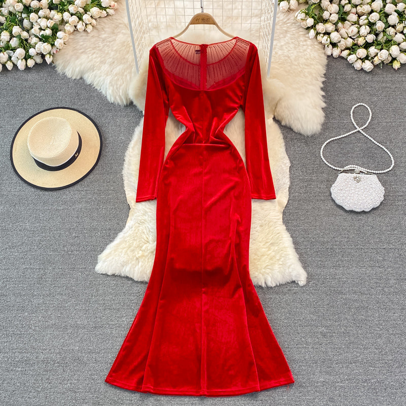 Long sleeve slim slim velvet fishtail buttock dress  3753