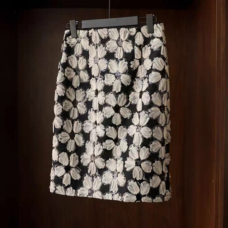 Mesh lace flower sequin skirt, elegant temperament skirt  3642
