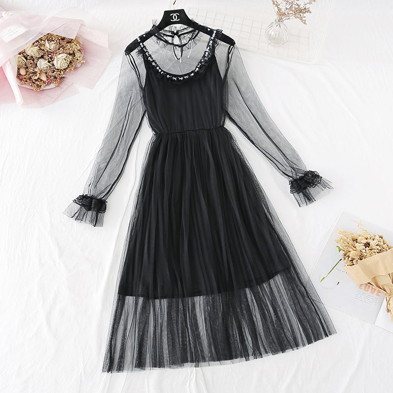 New suspender pleated long skirt fairy super fairy series French Retro  4025