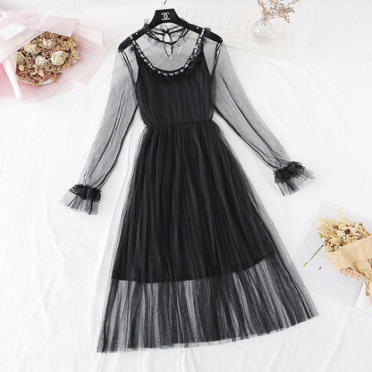 New suspender pleated long skirt fairy super fairy series French Retro  4025