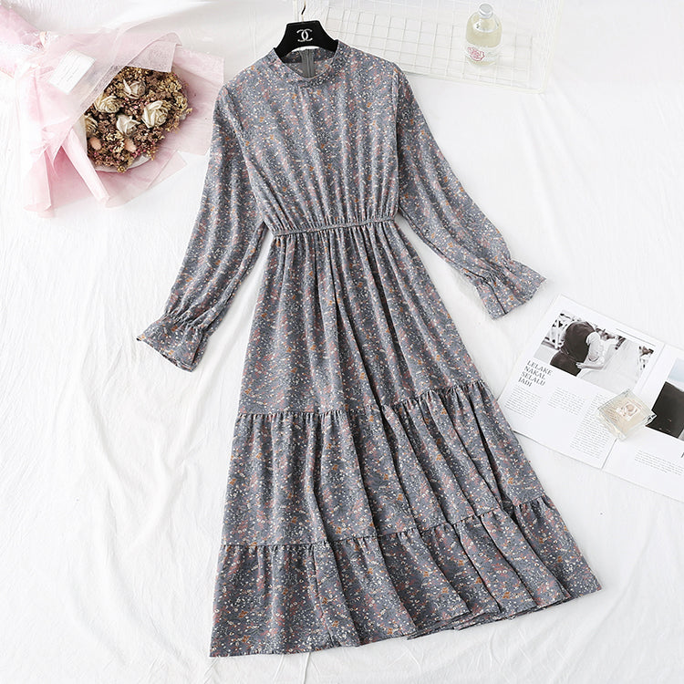 Floral dress French retro half high neck inside  4486