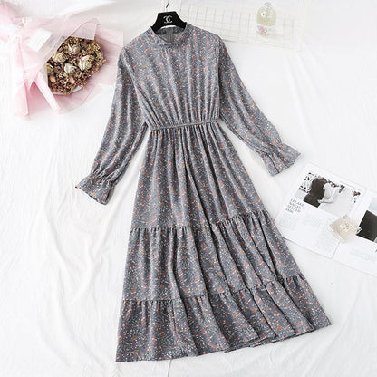 Floral dress French retro half high neck inside  4486