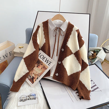 Vintage rhombic contrast cardigan sweater knitted jacket  5242
