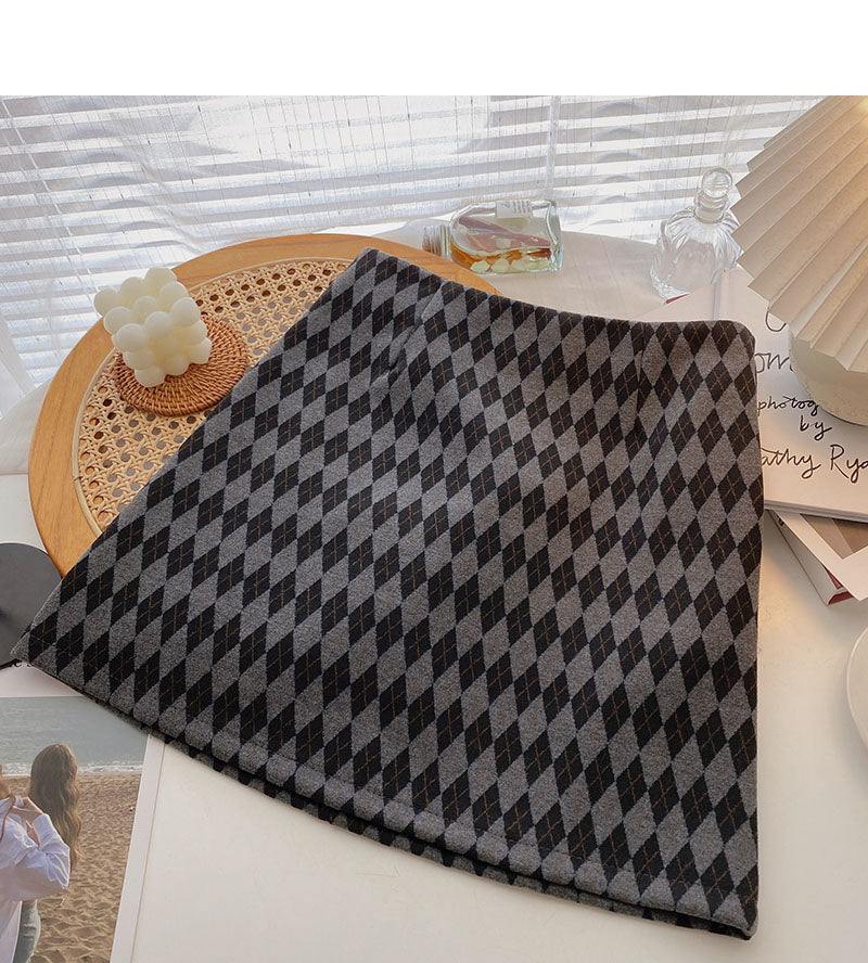 Hong Kong style retro fashion color matching Plaid thin high waist skirt  5343