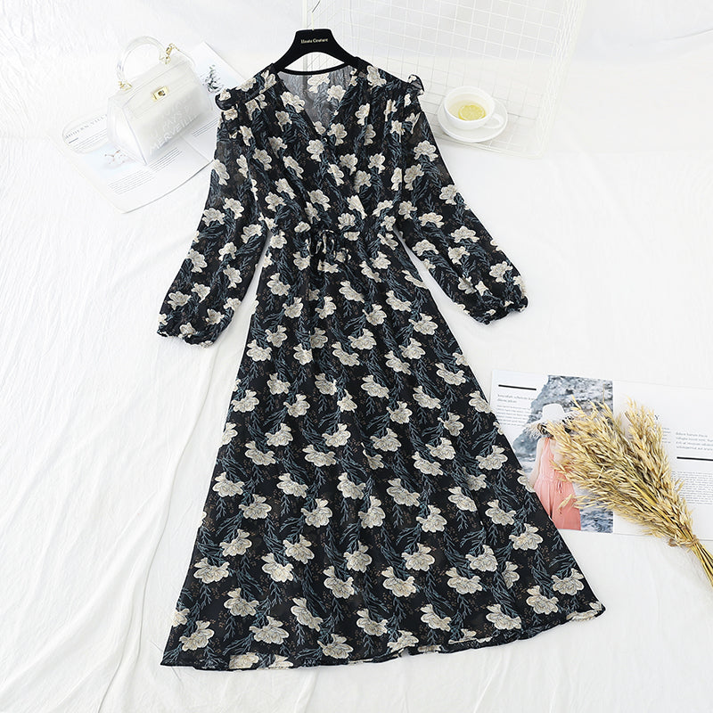 New French retro aging flying sleeve V-neck Chiffon Skirt  4702