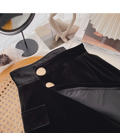 Golden velvet skirt irregular personality button high waist  5361