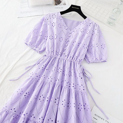 Hook embroidery French retro waist closing long skirt with thin temperament  4221