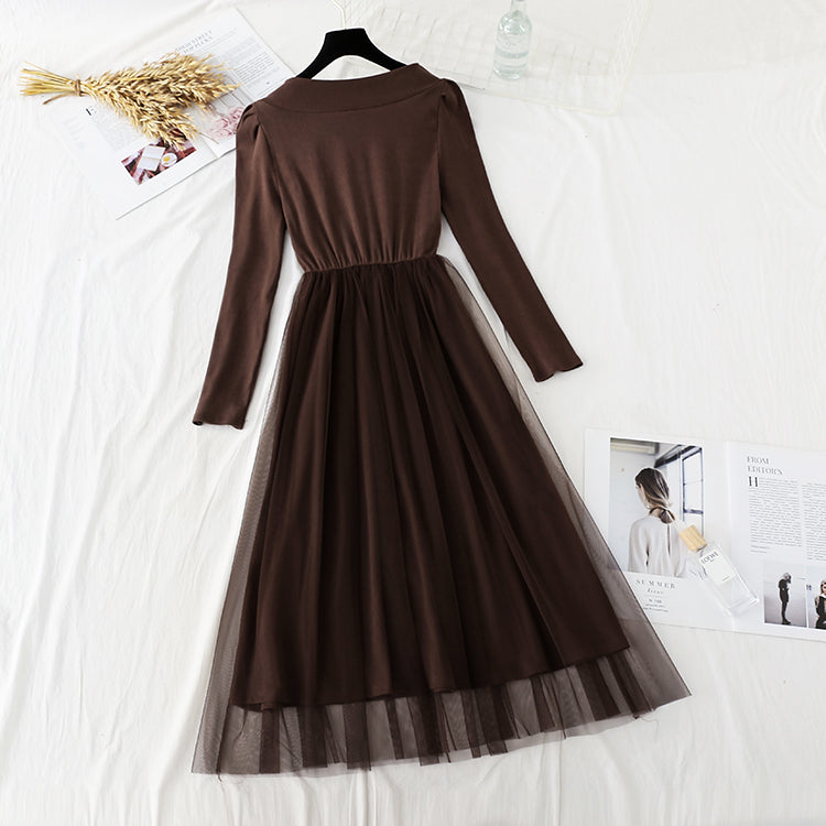 Square neck thin French retro light mature dress  4405