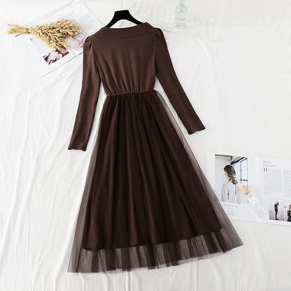 Square neck thin French retro light mature dress  4405
