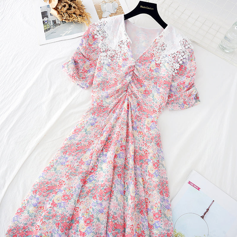 New lace Lapel temperament goddess style waist closing thin French long skirt  4630