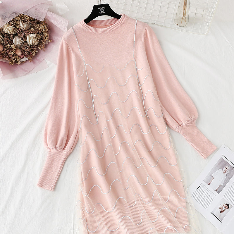 Knitted dress small Xiangfeng net red sweater suspender yarn skirt suit  4464