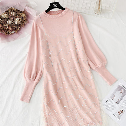 Knitted dress small Xiangfeng net red sweater suspender yarn skirt suit  4464