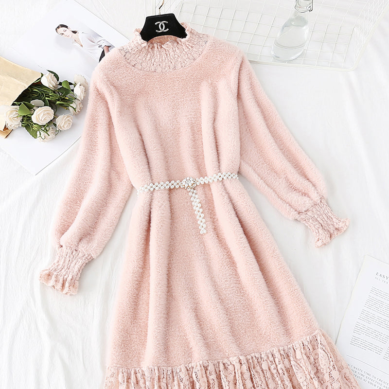 New style lace stitched knee length mink sweater with bottom skirt  4767