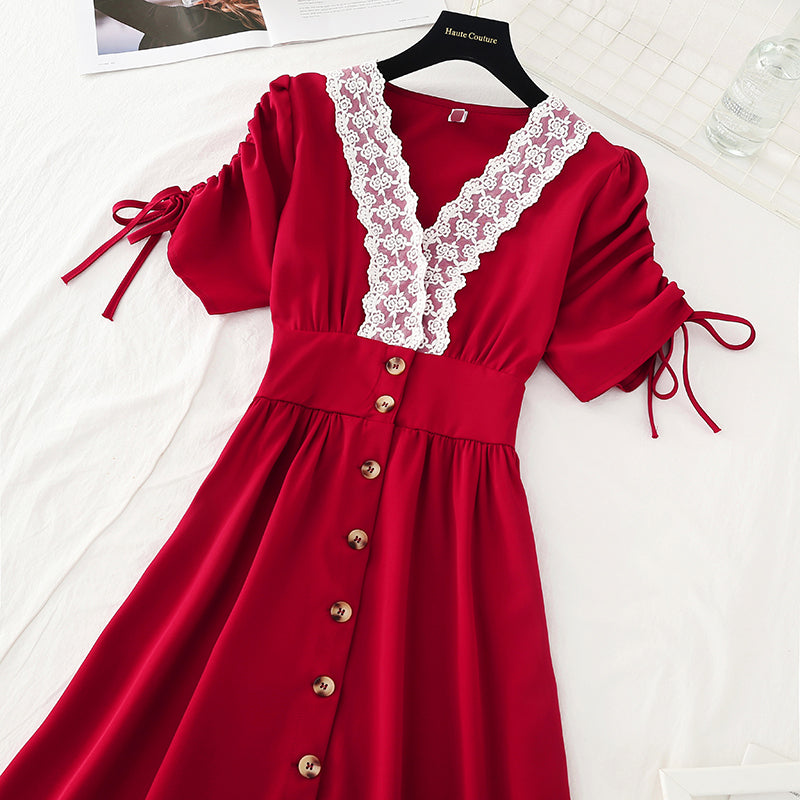 New lace edge bubble sleeve French retro dress  4166