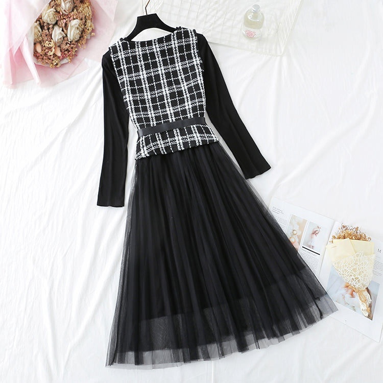 Small fragrant Wool Vest bottom mesh skirt suit  3922