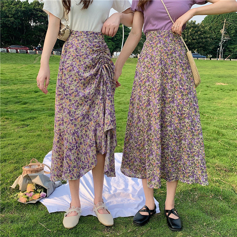 Midi floral skirt, new style, high waist, drawstring fishtail A-line skirt  3652