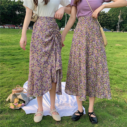 Midi floral skirt, new style, high waist, drawstring fishtail A-line skirt  3652