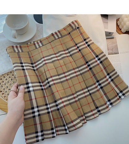 Plaid pleated skirt women's age reducing high waist A-line skirt  5435