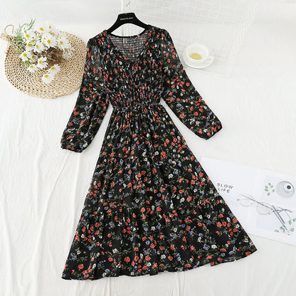 New French minority long skirt with pleated waist and thin A-line skirt  4832