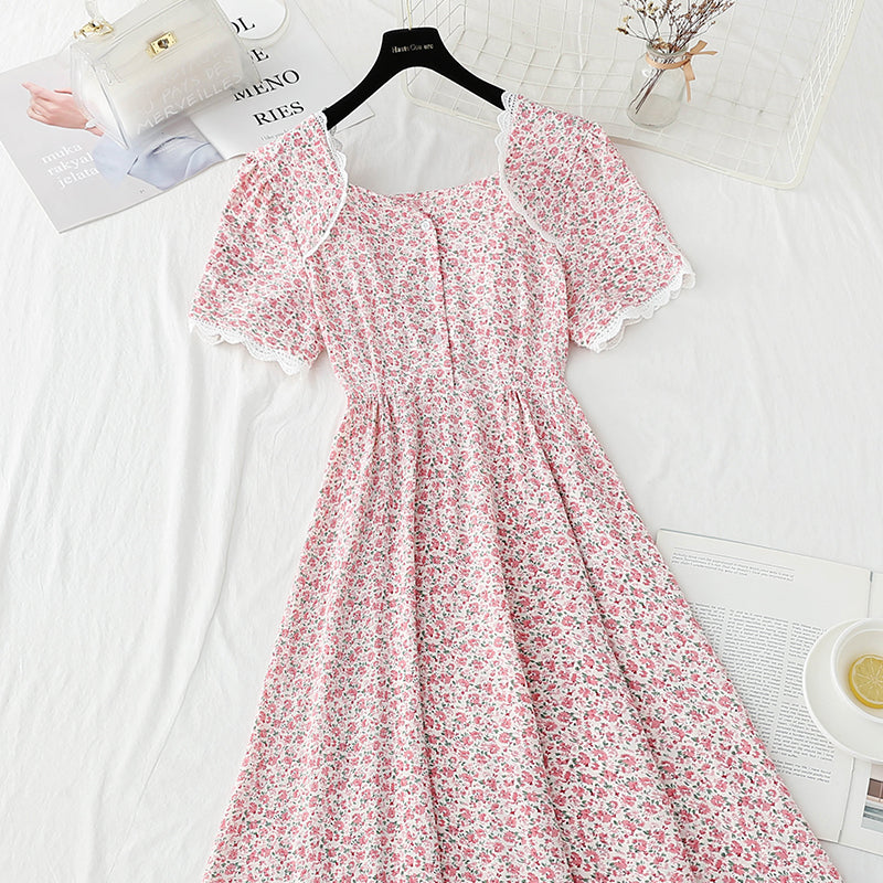 Square collar lace edge sweet floral skirt tea break temperament small skirt  4888